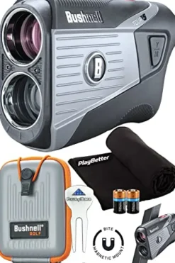 PlayBetter Bushnell Tour V5 Golf Laser Rangefinder Patriot Pack Bundle Standard – Patriot Pack, Towel & Extra Battery