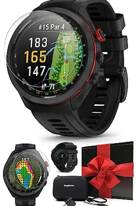 PlayBetter Garmin Approach S70 (Black, 47mm) Golf GPS Watch – AMOLED Display, Virtual Caddie & Playslike Distance – Gift Box Bundle with Screen Protectors, Wall Adapter & Hard Case