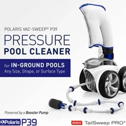 Polaris P39 Pressure Side Pool Cleaner – All Wheel Drive – TailSweep PRO – Dual Chamber SuperBag – White