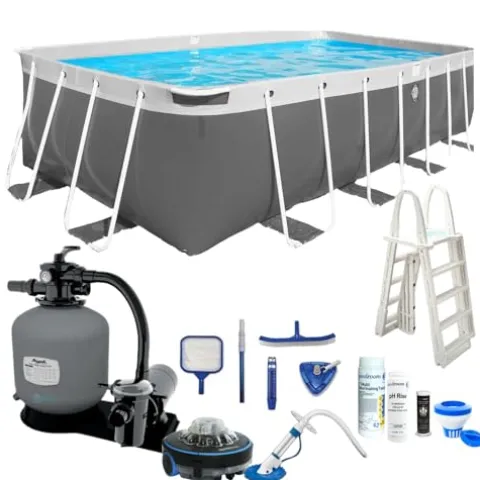 PoolZoom CaliFun Soft Sided Frame Pool Package with Pump and Filter Set, 10′ x 18′ Rectangle Gray