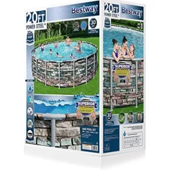 Power Steel Bestway 56881E 20-Ft Diameter Frame Round Above Ground Swimming Pool Set Multi