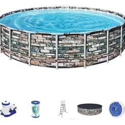 Power Steel Bestway 56881E 20-Ft Diameter Frame Round Above Ground Swimming Pool Set Multi