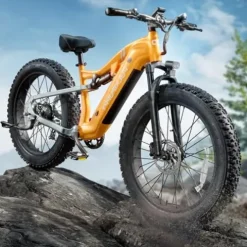 PUCKIPUPPY Electric Bike 960W 48V 20AH Full Suspension 26″ Fat Tire 7 Speed Aluminum Alloy Amber Orange