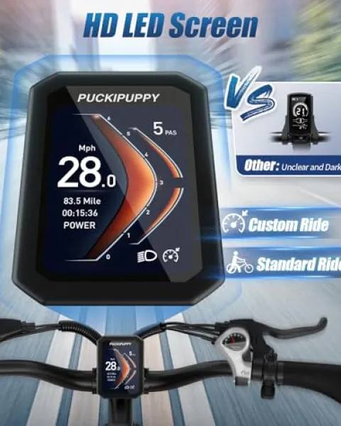 PUCKIPUPPY Electric Bike 960W 48V 20AH Full Suspension 26″ Fat Tire 7 Speed Aluminum Alloy Amber Orange