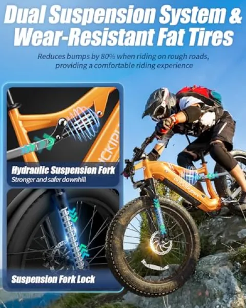 PUCKIPUPPY Electric Bike 960W 48V 20AH Full Suspension 26″ Fat Tire 7 Speed Aluminum Alloy Amber Orange