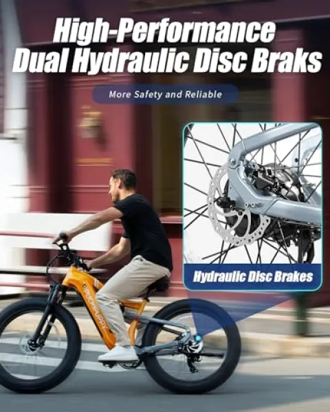 PUCKIPUPPY Electric Bike 960W 48V 20AH Full Suspension 26″ Fat Tire 7 Speed Aluminum Alloy Amber Orange