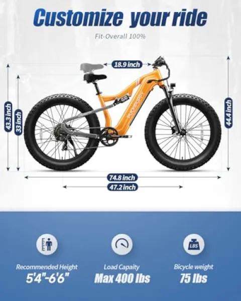 PUCKIPUPPY Electric Bike 960W 48V 20AH Full Suspension 26″ Fat Tire 7 Speed Aluminum Alloy Amber Orange
