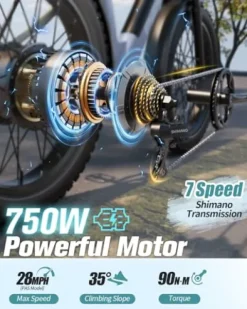 PUCKIPUPPY Electric Bike 960W 48V 15AH 28MPH 26″ Fat Tire Grayish Blue