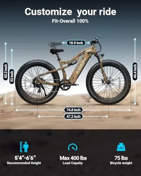 PUCKIPUPPY Electric Bike 960W 48V 20AH Fat Tire Full Suspension 28MPH Camouflage