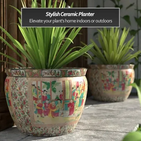 Red Lantern 20″ Rose Medallion Porcelain Fishbowl Planter Rose Medallion