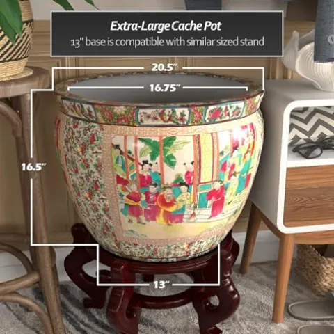 Red Lantern 20″ Rose Medallion Porcelain Fishbowl Planter Rose Medallion