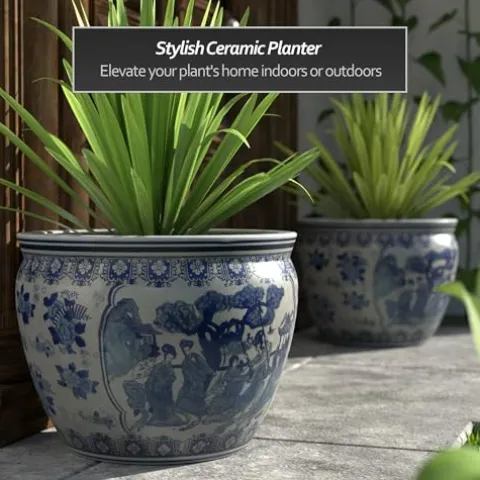 Red Lantern Large 20″ Ladies Blue Porcelain Fishbowl Planter