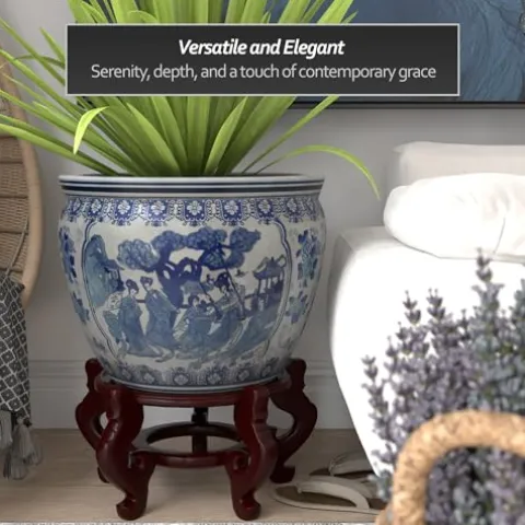 Red Lantern Large 20″ Ladies Blue Porcelain Fishbowl Planter