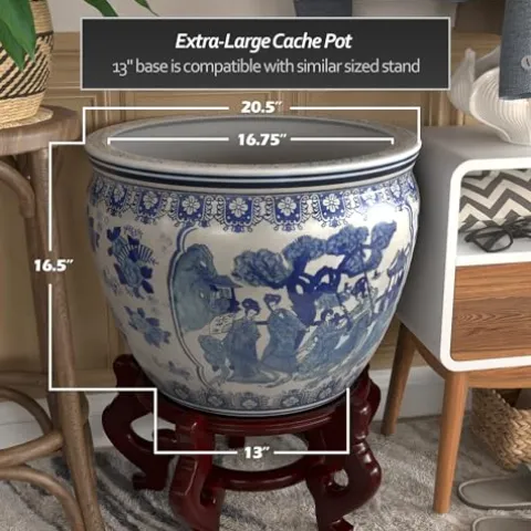 Red Lantern Large 20″ Ladies Blue Porcelain Fishbowl Planter