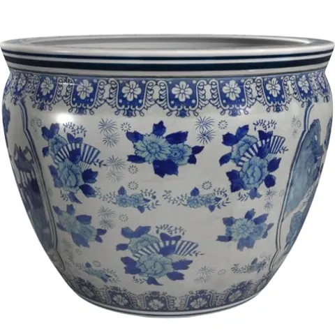 Red Lantern Large 20″ Ladies Blue Porcelain Fishbowl Planter