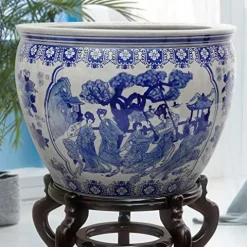 Red Lantern Large 20″ Ladies Blue Porcelain Fishbowl Planter