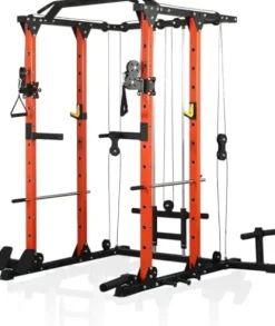 REDAEL Versatile Power Cage with LAT Pulldown, Weight Storage, and Optional Bench Orange+Black