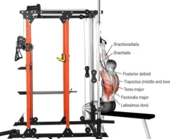 REDAEL Versatile Power Cage with LAT Pulldown, Weight Storage, and Optional Bench Orange+Black