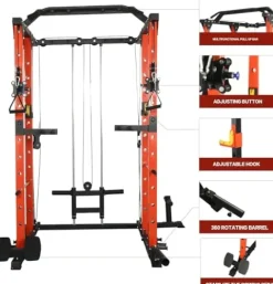 REDAEL Versatile Power Cage with LAT Pulldown, Weight Storage, and Optional Bench Orange+Black
