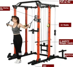 REDAEL Versatile Power Cage with LAT Pulldown, Weight Storage, and Optional Bench Orange+Black
