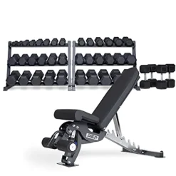 Rep Fitness Rubber Hex Dumbbell Set with 3-Tier Dumbbell Rack, AB-3000 Bench – OptionF: 5-100withAdj