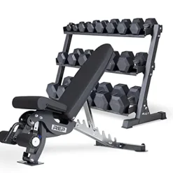 REP Rubber Hex Dumbbell Set 5-50 lbs with 3-Tier Rack and Adjustable Bench AB-3000 OptionB