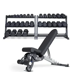 REP Rubber Hex Dumbbell Set 5-75 lbs with Adjustable Bench AB-3000