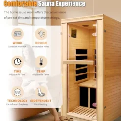 RIGO 1-Person Infrared Sauna Hemlock Wood with Bluetooth & LED Control 980W