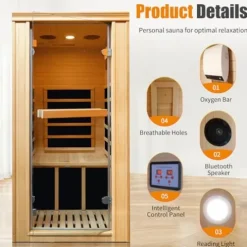 RIGO 1-Person Infrared Sauna Hemlock Wood with Bluetooth & LED Control 980W