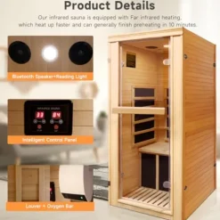 RIGO 1-Person Infrared Sauna Hemlock Wood with Bluetooth & LED Control 980W