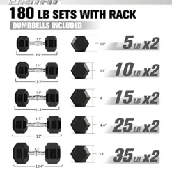 RitFit Rubber Hex Dumbbells Set with Rack 180LBS