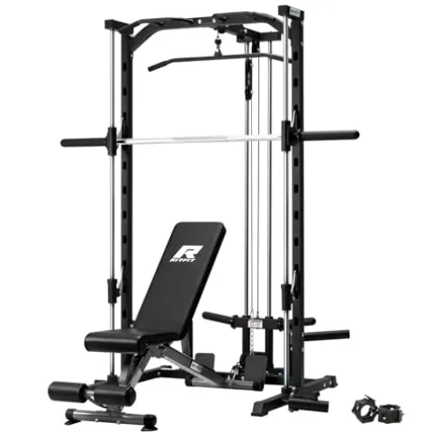 RitFit Smith Machine Power Rack with LAT-Pull Down System, Landmine, Barbell Bar, Plate Storage Pegs Black
