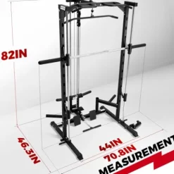RitFit Smith Machine Power Rack with LAT-Pull Down System, Landmine, Barbell Bar, Plate Storage Pegs Black