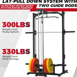RitFit Smith Machine Power Rack with LAT-Pull Down System, Landmine, Barbell Bar, Plate Storage Pegs Black