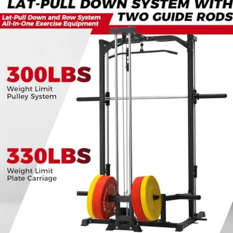RitFit Smith Machine Power Rack with LAT-Pull Down System, Landmine, Barbell Bar, Plate Storage Pegs Black