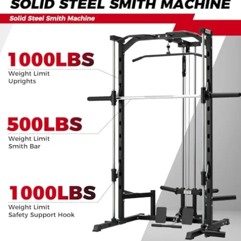 RitFit Smith Machine Power Rack with LAT-Pull Down System, Landmine, Barbell Bar, Plate Storage Pegs Black