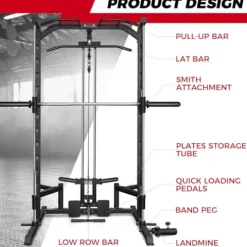 RitFit Smith Machine Power Rack with LAT-Pull Down System, Landmine, Barbell Bar, Plate Storage Pegs Black