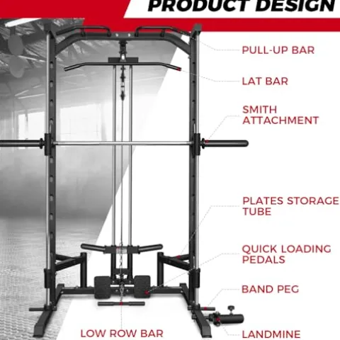 RitFit Smith Machine Power Rack with LAT-Pull Down System, Landmine, Barbell Bar, Plate Storage Pegs Black