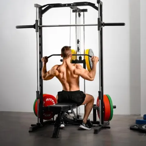 RitFit Smith Machine Power Rack with LAT-Pull Down System, Landmine, Barbell Bar, Plate Storage Pegs Black