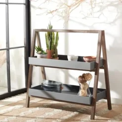 Safavieh Outdoor Collection Danser 2-Tier Shelf Dark Walnut/Grey