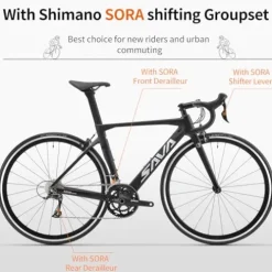 SAVADECK Carbon Road Bike with Shimano SORA R3000 18 Speed Derailleur System, Racing Bicycle – Black