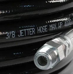 Schieffer Co. 3/8in. x 300ft. 4000 PSI Thermoplastic Sewer Jetter Hose with 8.0 Orifice Button Nose and Rotating Nozzles Clear