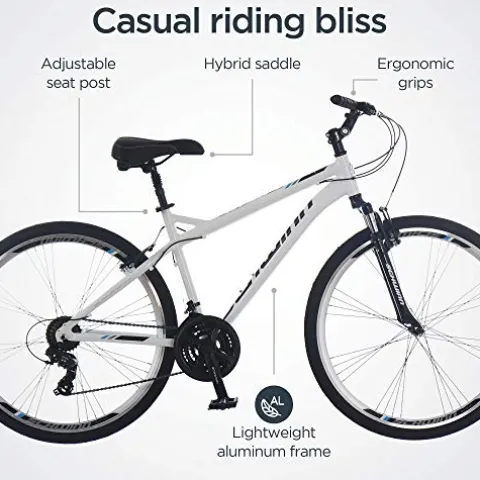 Schwinn Network 3.0 Hybrid Bike Men Women 700c 21-Speed 18-Inch Aluminum Frame Front Suspension Alloy Linear Pull Brakes White