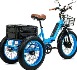 3SCORE Electric Fat Trike 750W Motor and 48V Lithium Rechargeable Battery – Etrike 24 Inch Fat Tire – Foldable Electric Cruiser Tricycle Electric Blue