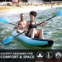 SereneLife 2 Person Inflatable Kayak – Double Kayak with Aluminum Paddles, Repair Kit – Lightweight, Portable Adult Kayaks with High-Output Pump – Durable Vinyl Kayak – Aqua