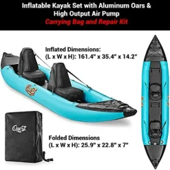 SereneLife 2 Person Inflatable Kayak – Double Kayak with Aluminum Paddles, Repair Kit – Lightweight, Portable Adult Kayaks with High-Output Pump – Durable Vinyl Kayak – Aqua