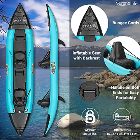 SereneLife 2 Person Inflatable Kayak – Double Kayak with Aluminum Paddles, Repair Kit – Lightweight, Portable Adult Kayaks with High-Output Pump – Durable Vinyl Kayak – Aqua
