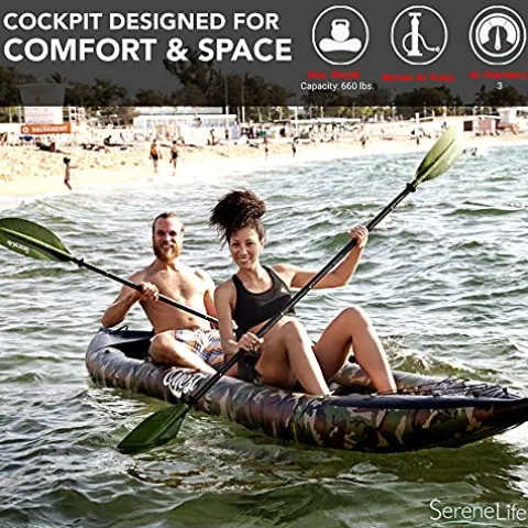 SereneLife 2 Person Inflatable Kayak – Double Kayak with Aluminum Paddles, Repair Kit – Lightweight, Portable Adult Kayaks with High-Output Pump – Durable Vinyl Kayak for Lake, Mild River – Camo