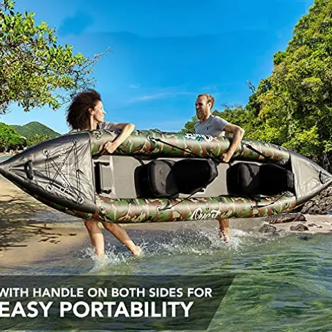 SereneLife 2 Person Inflatable Kayak – Double Kayak with Aluminum Paddles, Repair Kit – Lightweight, Portable Adult Kayaks with High-Output Pump – Durable Vinyl Kayak for Lake, Mild River – Camo