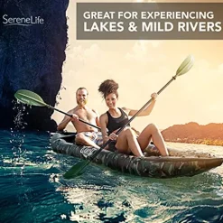 SereneLife 2 Person Inflatable Kayak – Double Kayak with Aluminum Paddles, Repair Kit – Lightweight, Portable Adult Kayaks with High-Output Pump – Durable Vinyl Kayak for Lake, Mild River – Camo